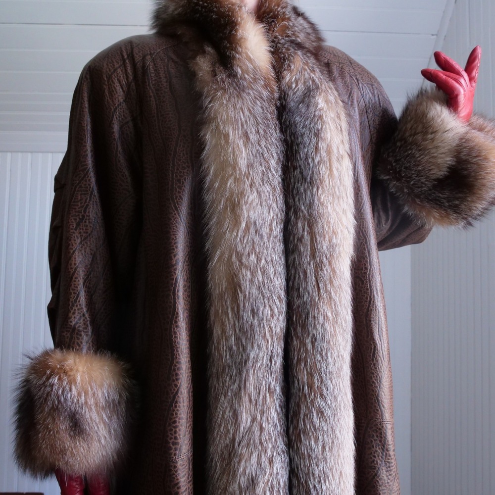 AMAZING vintage 80s brown leather fox fur trimmed long coat shaved beaver lining - Picture 9 of 11